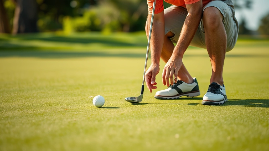 Golfer analyzing putting green with careful study, reading break patterns and grain on well-maintained championship putting surface in natural lighting