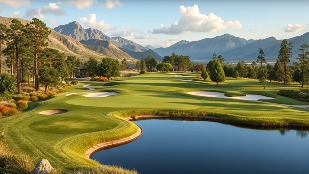 Scenic elevation view of golf course hole with water hazard, surrounding landscape features, and strategic bunker placement showing course architecture design