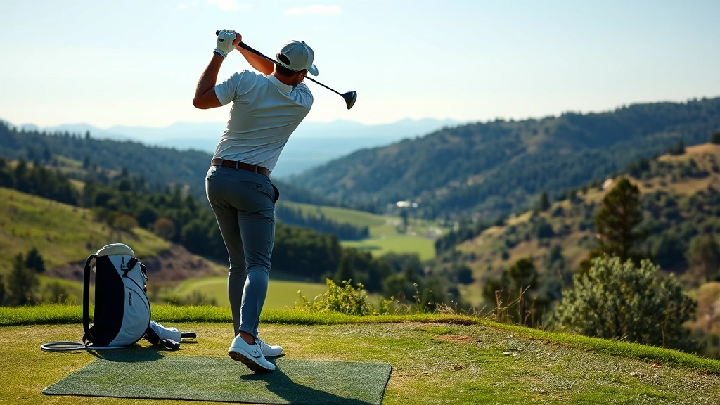Golfer mid-swing on elevated tee box with scenic valley view in background, demonstrating proper form with natural landscape, professional athletic photography without visible text or signage