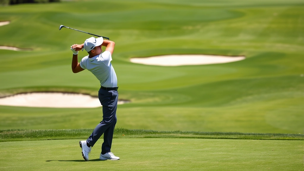 Professional golfer executing a perfect iron shot on a lush fairway with bunkers visible in background, mid-swing motion showing athletic form and concentration, natural daylight on manicured course