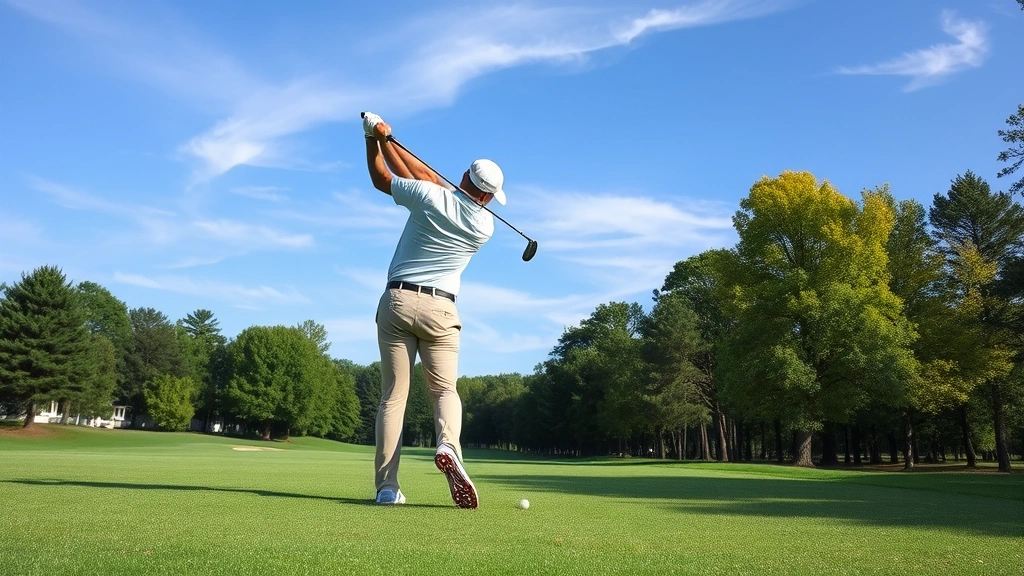 Golfer mid-swing on a beautiful fairway with trees and blue sky, capturing proper form and technique during the downswing motion