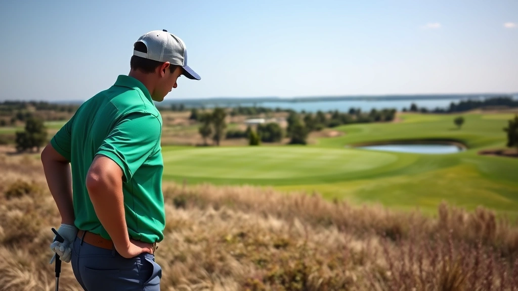 Golfer analyzing course layout and strategy, studying green with confident posture, scenic elevated fairway with water hazard visible, professional attire, preparing for strategic shot execution