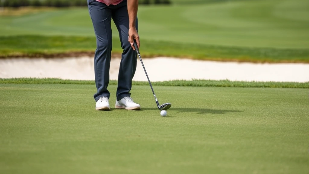 Golfer chipping near the green with sand bunker visible, demonstrating short-game precision and wedge control on well-maintained course