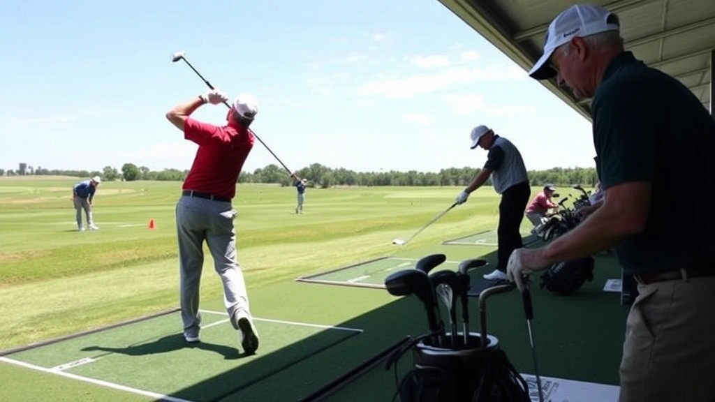 Golf practice range with multiple golfers during focused training session, different shot distances being worked, instructor providing guidance, clear sky and well-maintained practice facility with various club selections