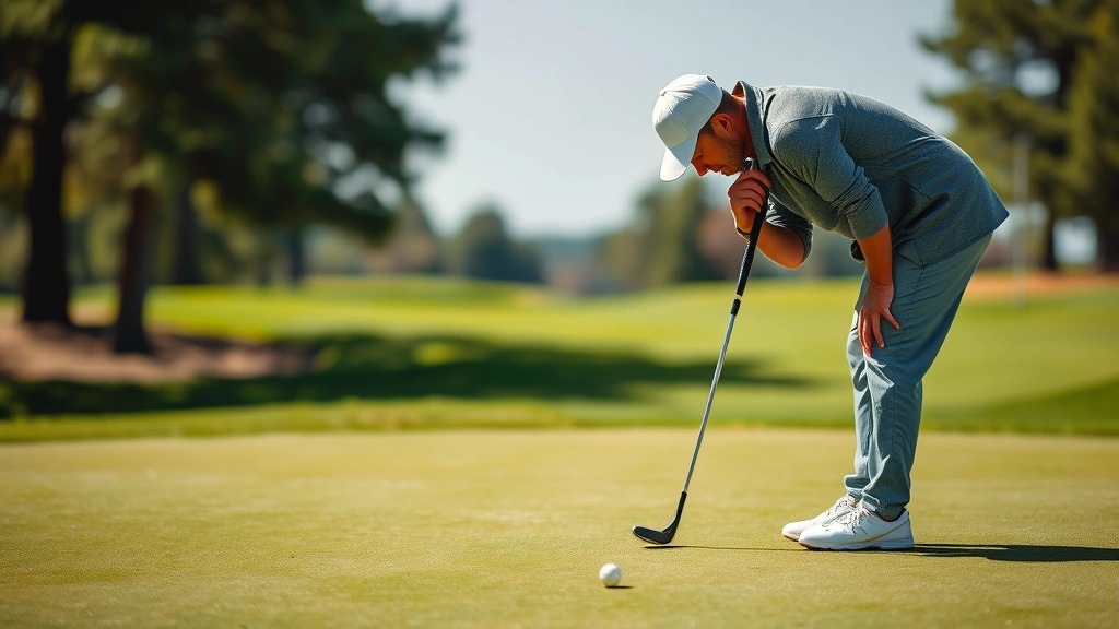 Golfer on putting green studying the break and line, bent over in concentration with putter ready, showing mental focus and course reading