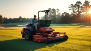 Professional golf course maintenance crew operating precision GPS-guided mowing equipment on perfectly manicured fairway during early morning, demonstrating modern turf management technology and equipment
