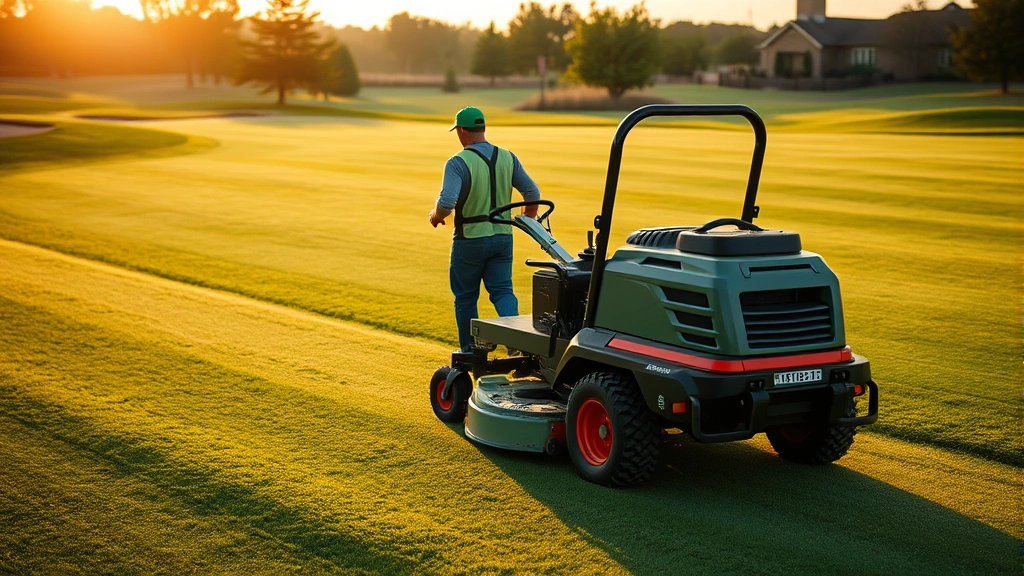 Professional groundskeeper operating modern turf maintenance equipment on a lush golf course fairway during early morning light, showing expertise and precision in course management