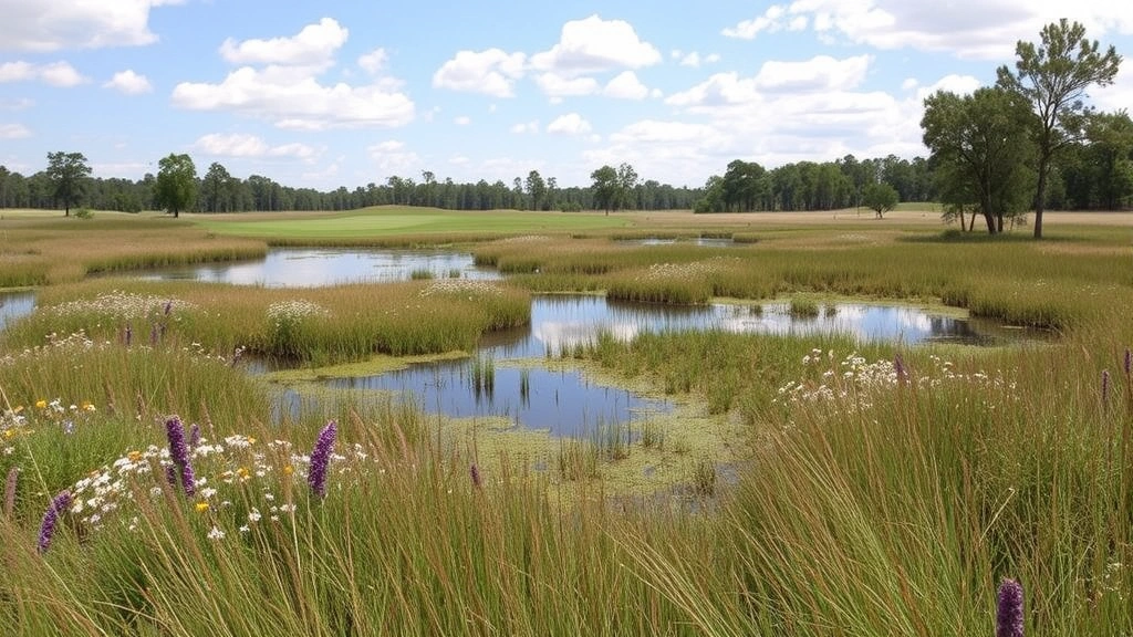 Restored native wetland habitat area integrated into golf course landscape with wildflowers, native grasses, and wildlife, demonstrating sustainable course design with ecological benefits