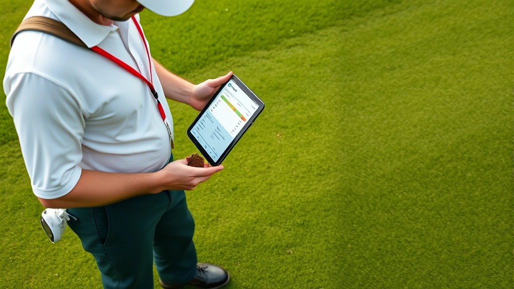 Golf course superintendent reviewing soil samples and maintenance data on tablet while standing on healthy turf, illustrating data-driven management and professional expertise