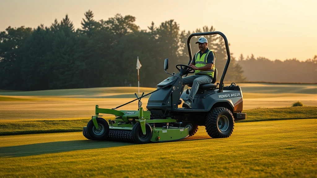 Professional groundskeeper operating modern golf course maintenance equipment on fairway during early morning, demonstrating turf care and course preparation techniques in action