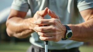 Professional golfer demonstrating proper grip technique on golf club, close-up of hands showing neutral grip position, outdoors on practice range