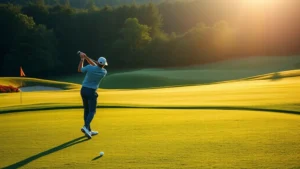 Golfer preparing to swing on manicured fairway with morning sunlight, lush green grass, professional golf course landscape, peaceful atmosphere