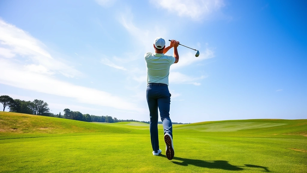 Professional golfer executing perfect swing on well-maintained fairway with lush green grass and blue sky, demonstrating proper form and technique
