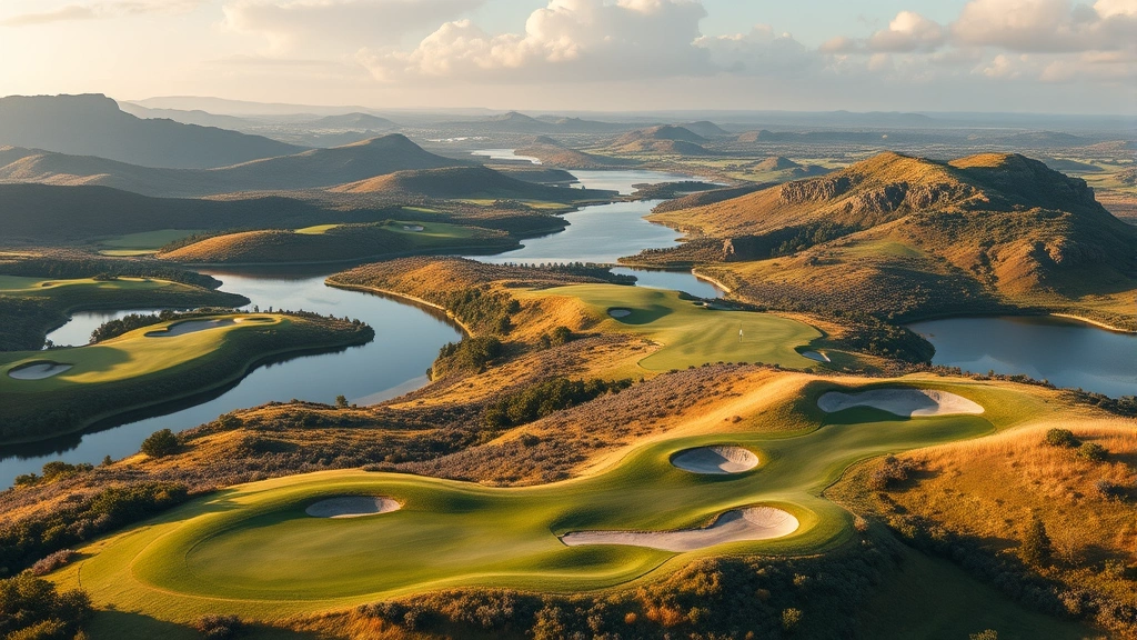 Scenic golf course landscape showing elevation changes, water hazards, and strategic bunker placements with natural terrain, realistic lighting