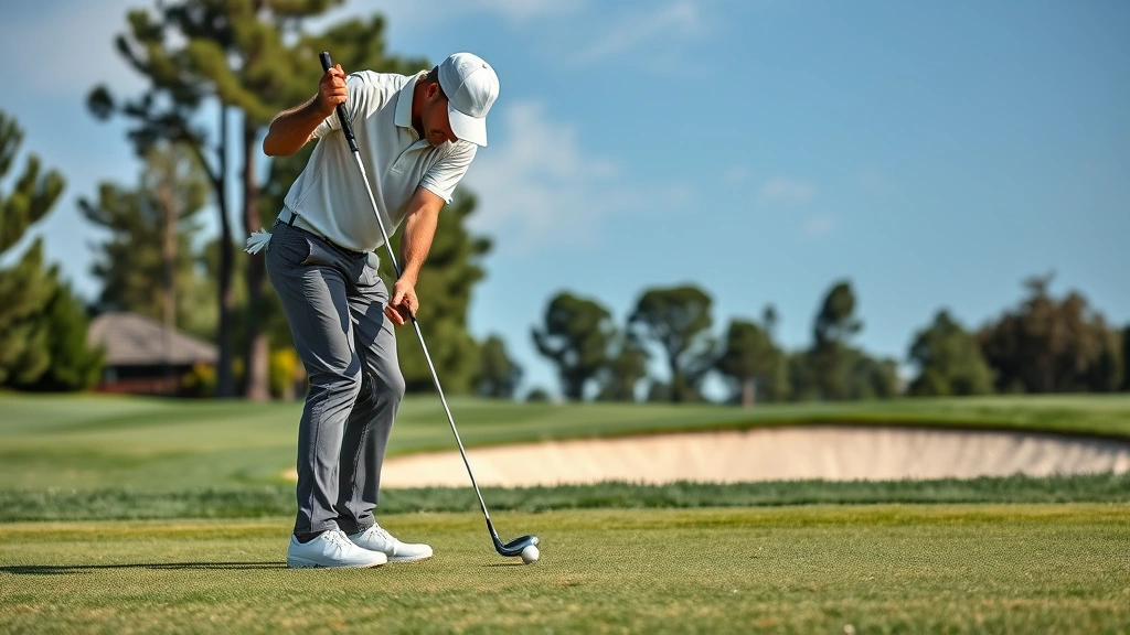 Golfer performing short game shot near green with bunker visible, demonstrating chipping technique with focused concentration and proper posture