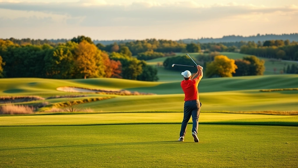 Golfer mid-swing on fairway with rolling hills and mature trees in background, New Jersey landscape, golden hour lighting, professional golfer in focused stance