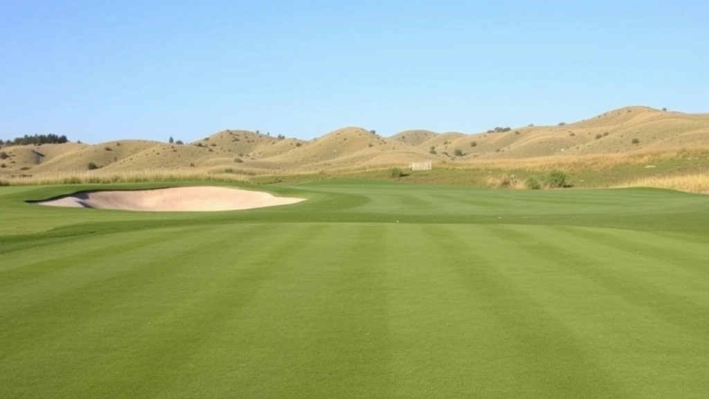 Well-maintained golf course fairway with sand bunkers visible, manicured greens, blue sky, natural terrain elevation changes, pristine course conditions
