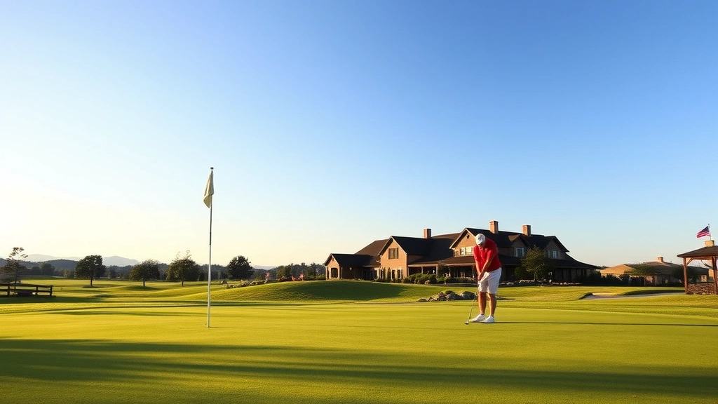 Golfer putting on green with pin flag, clubhouse and pro shop building visible in distance, beautiful course grounds, manicured landscaping, professional golf setting
