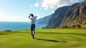 Golfer mid-swing on manicured fairway with ocean cliff backdrop and blue sky, professional form, coastal landscape visible, dramatic natural terrain