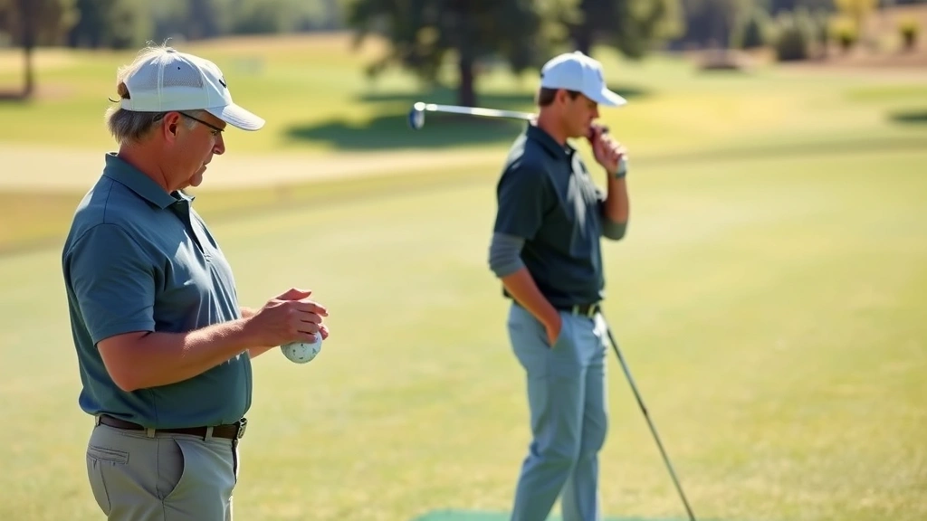 Professional golf instructor demonstrating proper grip and stance fundamentals to attentive student golfer on practice range, morning sunlight, focused instruction setting