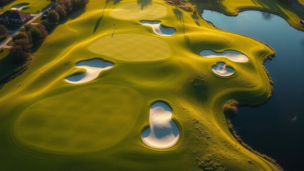 Aerial view of pristine golf fairway with manicured greens, sand bunkers, and water features reflecting sunlight, lush landscaping throughout the course