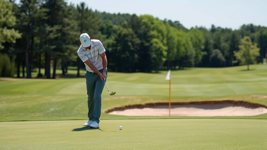 Golfer executing chip shot near green with sand bunker visible, concentration on face, manicured fairway and trees in background, clear day