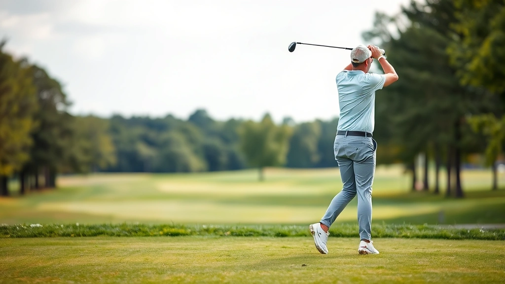 Professional golfer mid-swing on fairway, demonstrating proper form with blurred natural course background showing trees and distant green