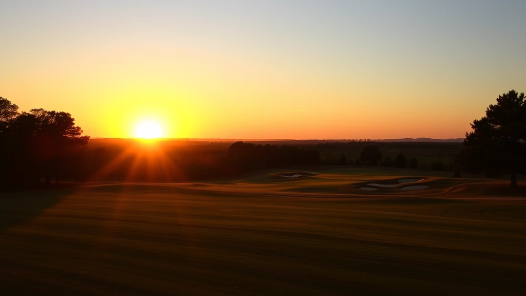 Sunset over golf course with fairway leading toward horizon, golden hour lighting illuminating greens and bunkers, peaceful natural landscape