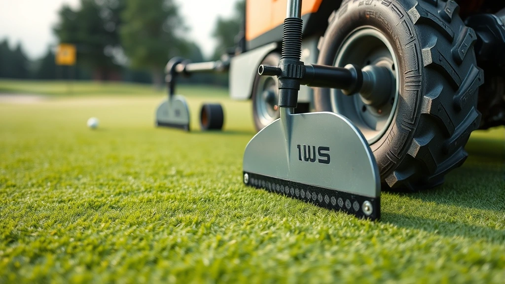 Close-up of professional maintenance equipment on pristine putting green surface, showing course conditioning excellence and care standards