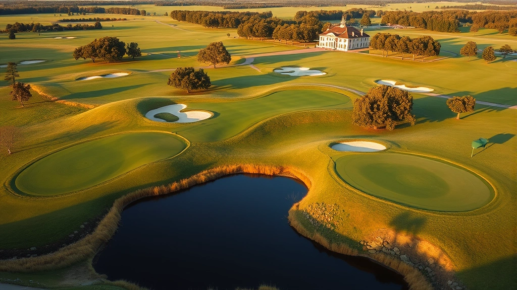 Historic golf course landscape with rolling greens, fairways, and natural water features, vintage architecture clubhouse visible, late afternoon golden light, manicured grass and tree-lined holes, serene recreational environment