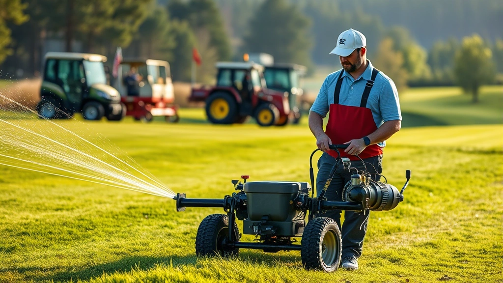 Professional golf course superintendent operating modern irrigation equipment in morning light, examining turf health, equipment and machinery in background, demonstrating course maintenance expertise and technical skill