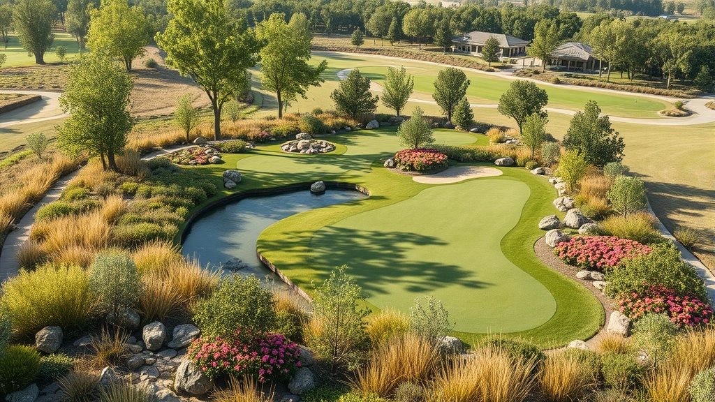 Contemporary sustainable golf course design showing native plantings, ecological habitat preservation, water conservation features, natural landscape integration, environmental stewardship in recreational space development