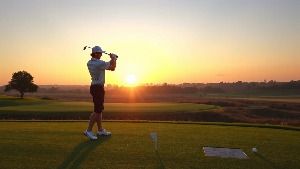 Golfer addressing ball on tee box at sunrise with perfectly manicured fairway stretching ahead, morning dew visible on grass, focused expression, championship golf course setting