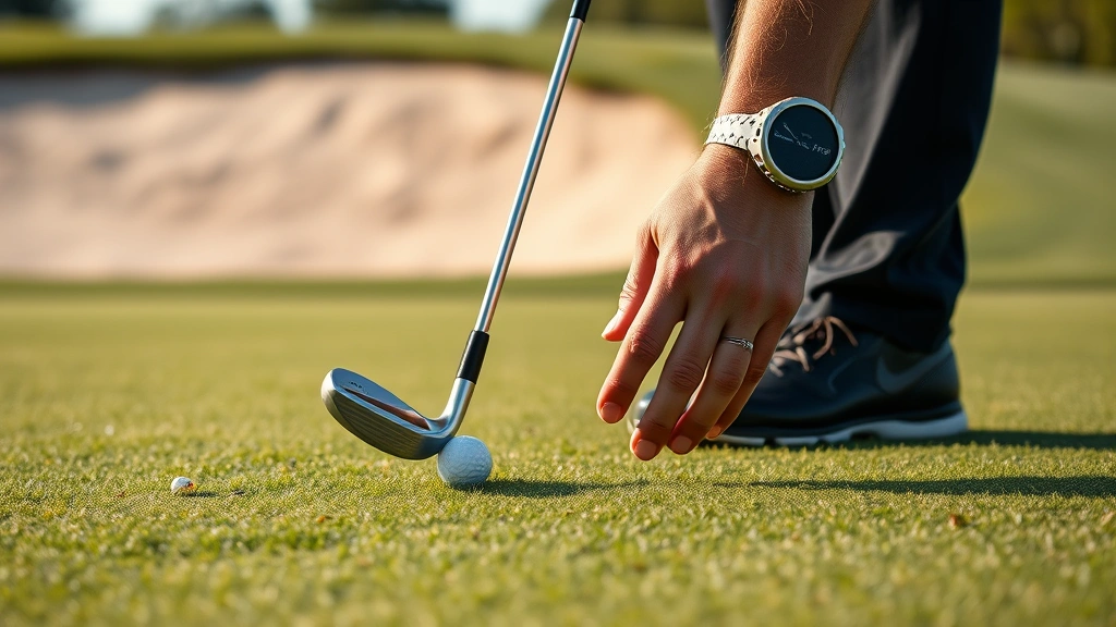 Close-up of golfer's hands executing chip shot near green with sand bunker in background, precise wedge positioning, professional short game technique on well-maintained turf