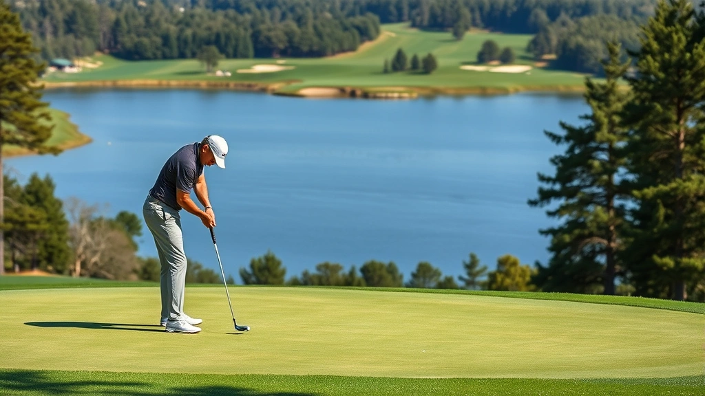 Golfer reading putt on elevated green with water hazard visible in distance, concentration evident, beautiful course landscape with trees and strategic bunkers surrounding putting surface