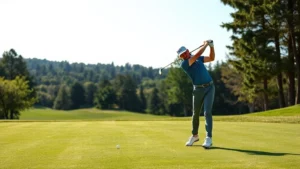 Golfer mid-swing on manicured fairway with trees and natural landscape in background, professional athletic form, natural lighting, realistic photography style