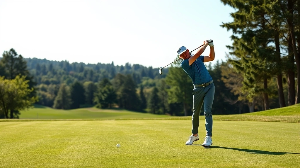 Golfer mid-swing on manicured fairway with trees and natural landscape in background, professional athletic form, natural lighting, realistic photography style