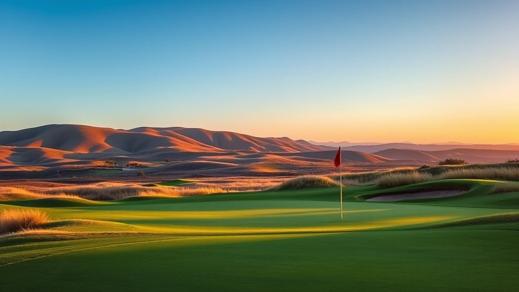 Golf course scenery showing rolling terrain, bunkers, and green with flag, morning or afternoon golden light, scenic landscape perspective, no people visible