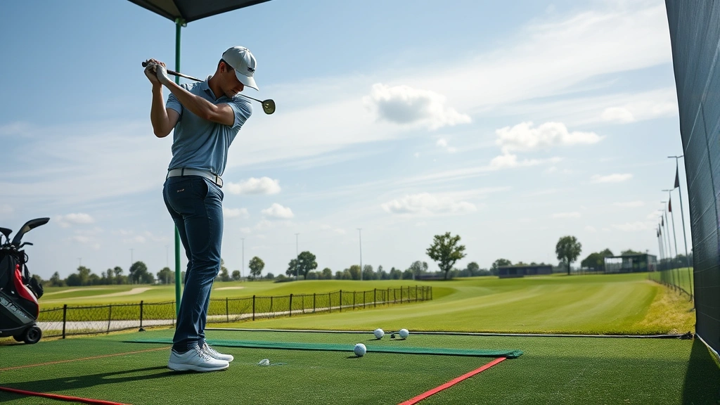 Golfer practicing on driving range with multiple golf balls, focused concentration, professional golf facility setting, natural daylight, action photography style