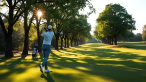 A golfer in mid-swing on a beautiful course with trees lining the fairway, showing proper form and concentration, morning sunlight filtering through leaves