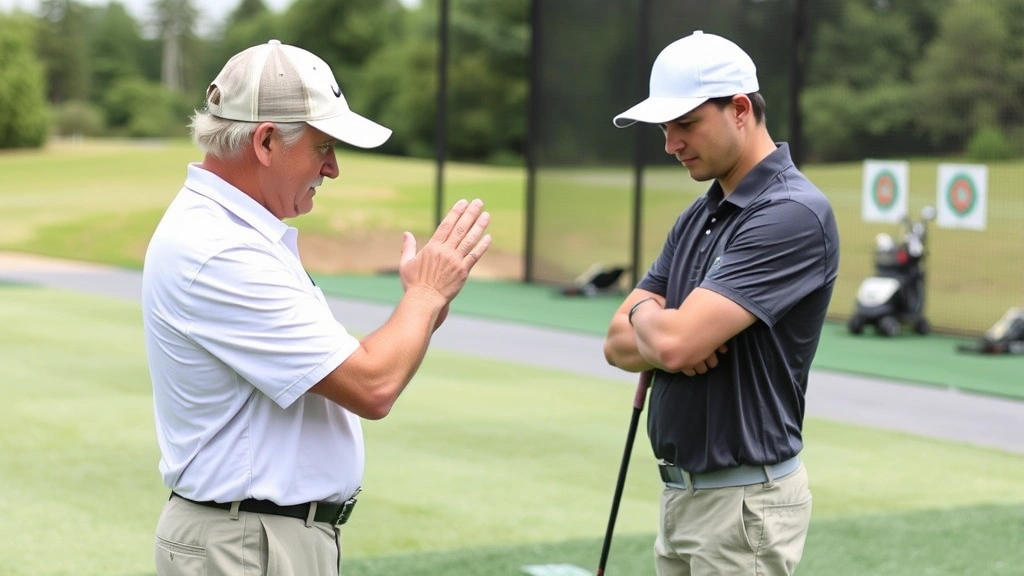 A golf instructor demonstrating grip and posture to a student at a practice range, both focused on technique, with golf balls and targets visible in background