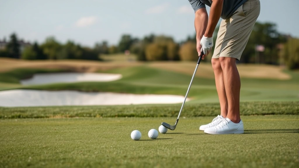 A golfer practicing short-game shots near a green with bunker visible, showing deliberate practice with multiple balls lined up for chipping drills