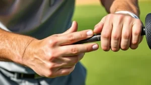 Professional golfer demonstrating proper grip technique on golf club, hands close-up showing overlapping grip position, outdoor golf course background with grass and fairway visible, natural daylight, photorealistic