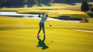 Professional golfer mid-swing on manicured fairway with water hazard and bunkers visible in background, morning sunlight, pristine course conditions