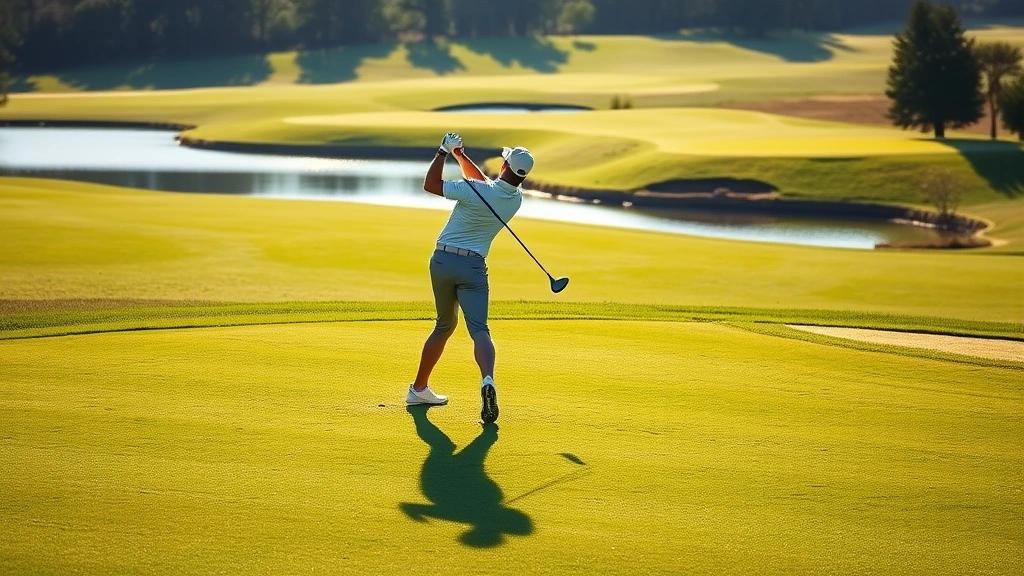 Professional golfer mid-swing on manicured fairway with water hazard and bunkers visible in background, morning sunlight, pristine course conditions