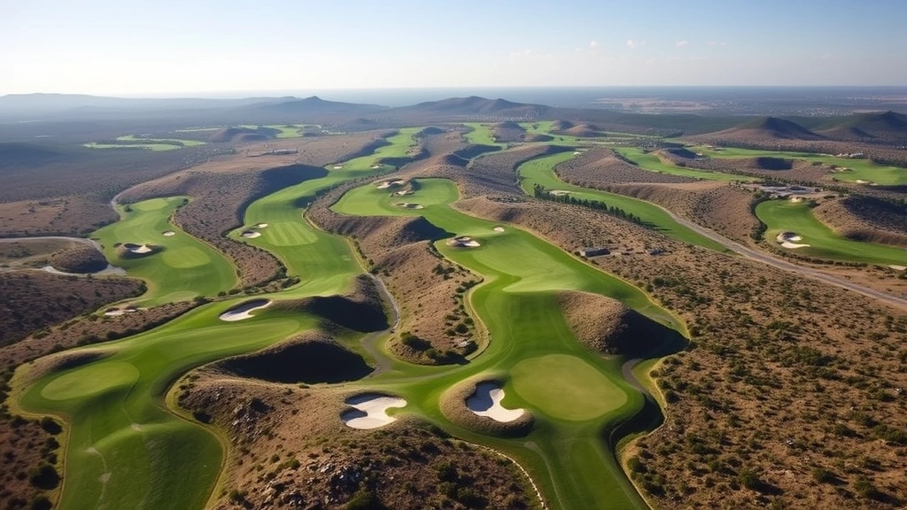 Aerial view of championship golf course showing multiple holes with strategic bunkering, lush green fairways, and elevation changes throughout landscape
