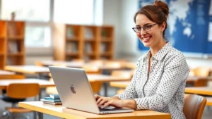 Adult female teacher smiling while working on laptop in bright, modern classroom with student desks visible in soft focus background, natural window lighting, warm and professional atmosphere