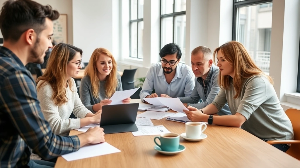 Diverse group of teachers collaborating around tablet and documents at wooden table in contemporary professional development setting, engaged discussion, coffee cups, natural daylight from windows