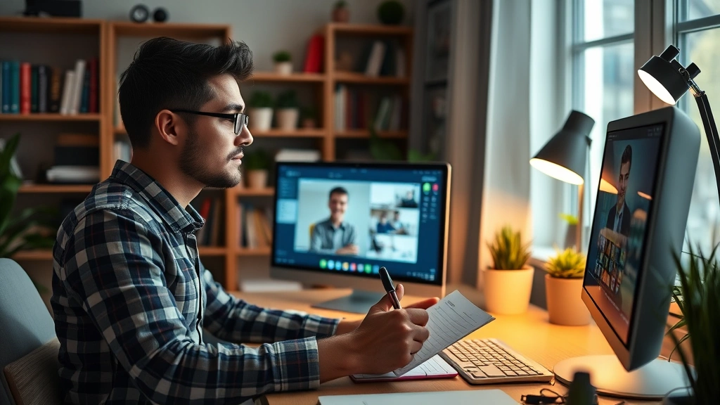 Male educator taking notes while watching online course on computer screen in home office, comfortable learning environment with bookshelf, plants, and warm desk lamp lighting