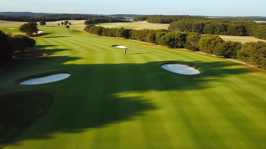 Aerial view of a pristine golf course fairway with manicured grass, bunkers, and golfers mid-swing on a sunny day, lush green landscape background